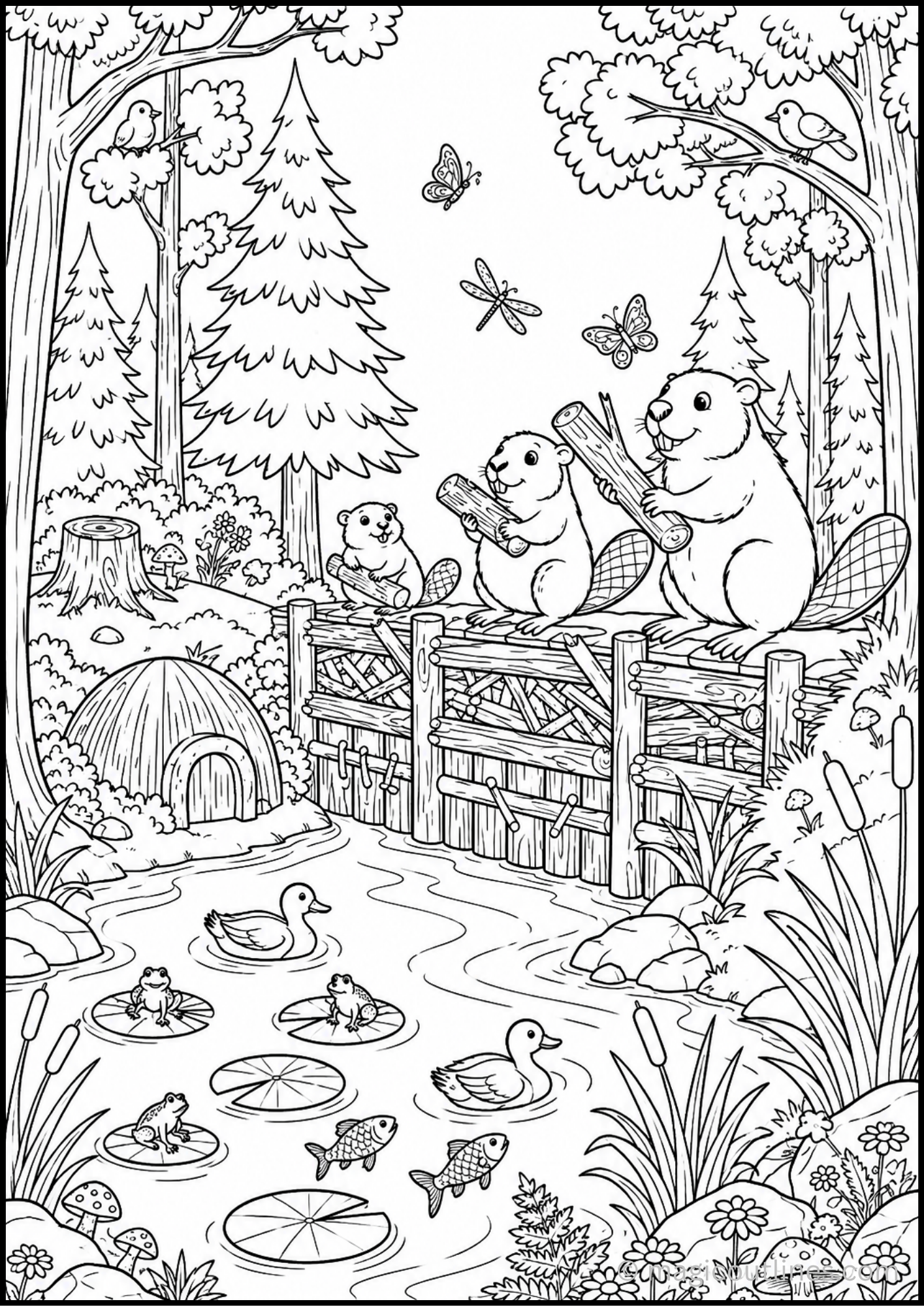 Beaver Coloring Page (Free Printable PDF) featuring beavers building a dam beside a forest pond