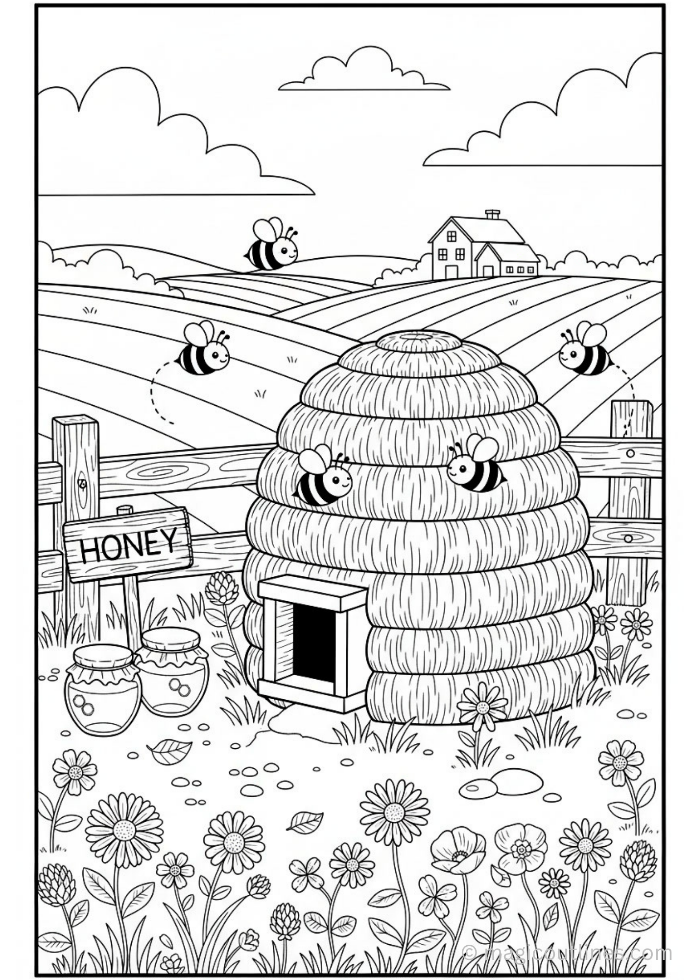 Beehive and honey farm coloring page with bees, honey jars, flowers, and a farmhouse