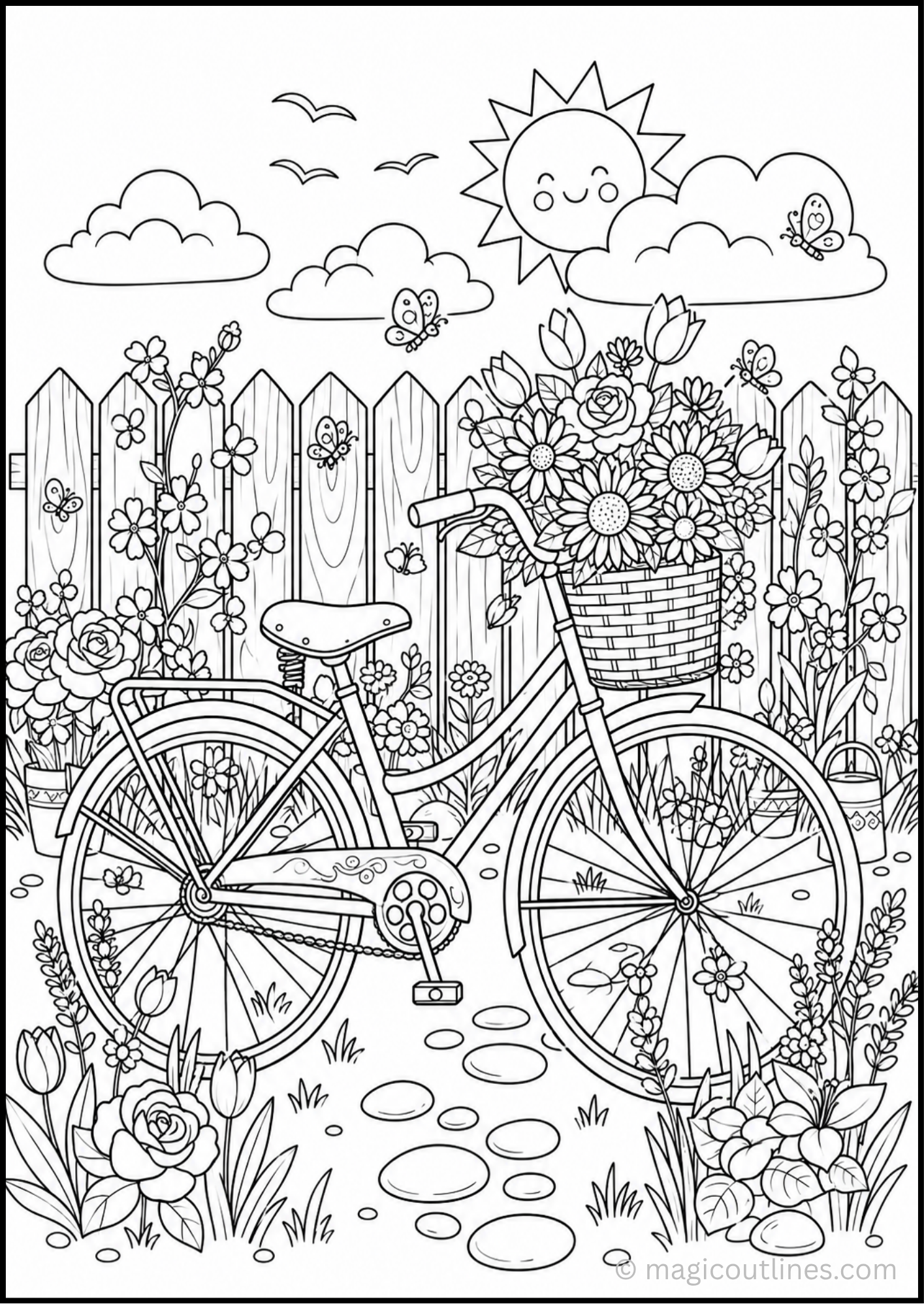 Bicycle in Flower Garden Coloring Page (Free Printable PDF) featuring a classic bicycle with a flower-filled basket, garden plants, butterflies, a picket fence, and a sunny outdoor scene.