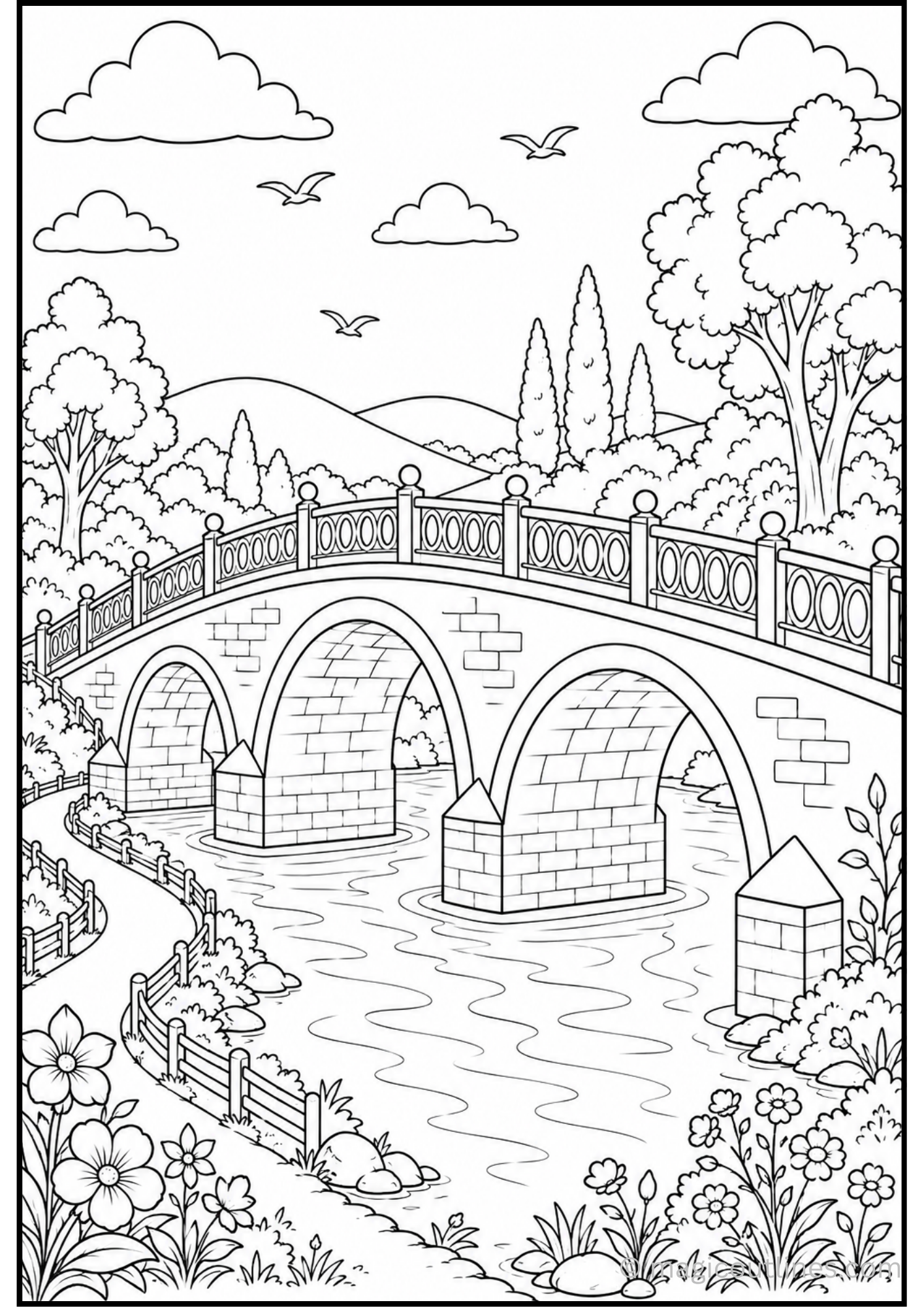 Bridge Coloring Page (Free Printable PDF) featuring a beautiful stone arch bridge over a peaceful river, surrounded by trees, hills, flowers, and birds.