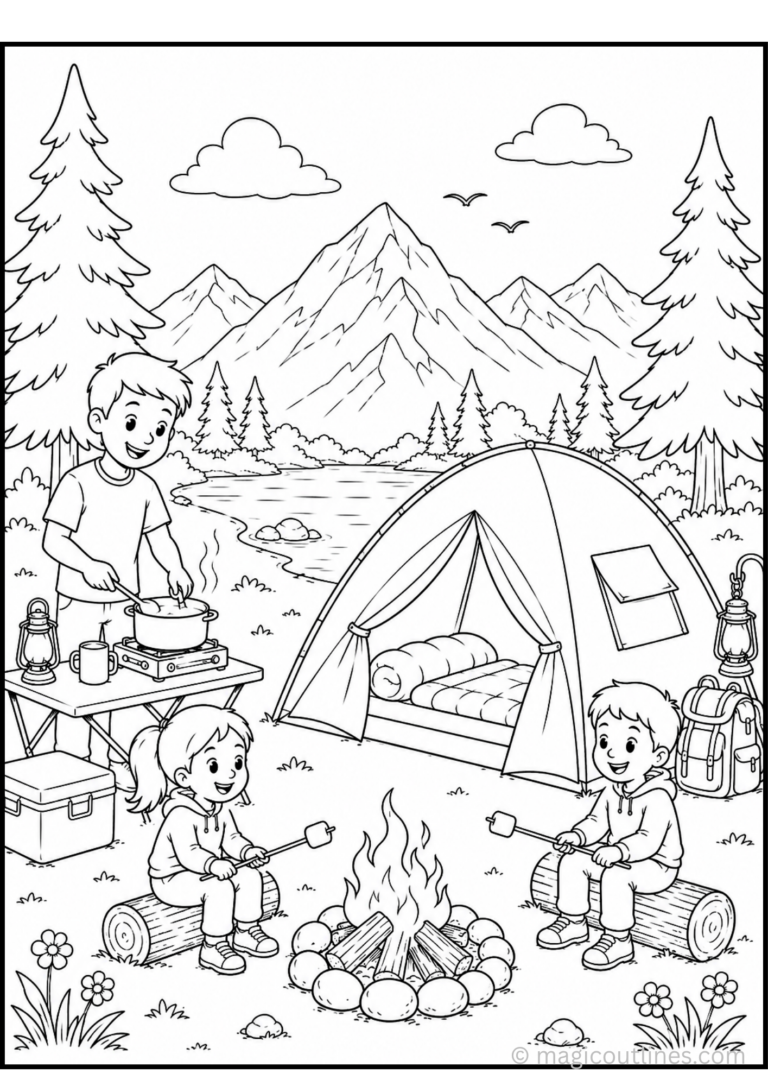 Camping Adventure Coloring Page (Free Printable PDF) featuring children, a tent, campfire, mountains, trees, lake, and outdoor camping equipment.