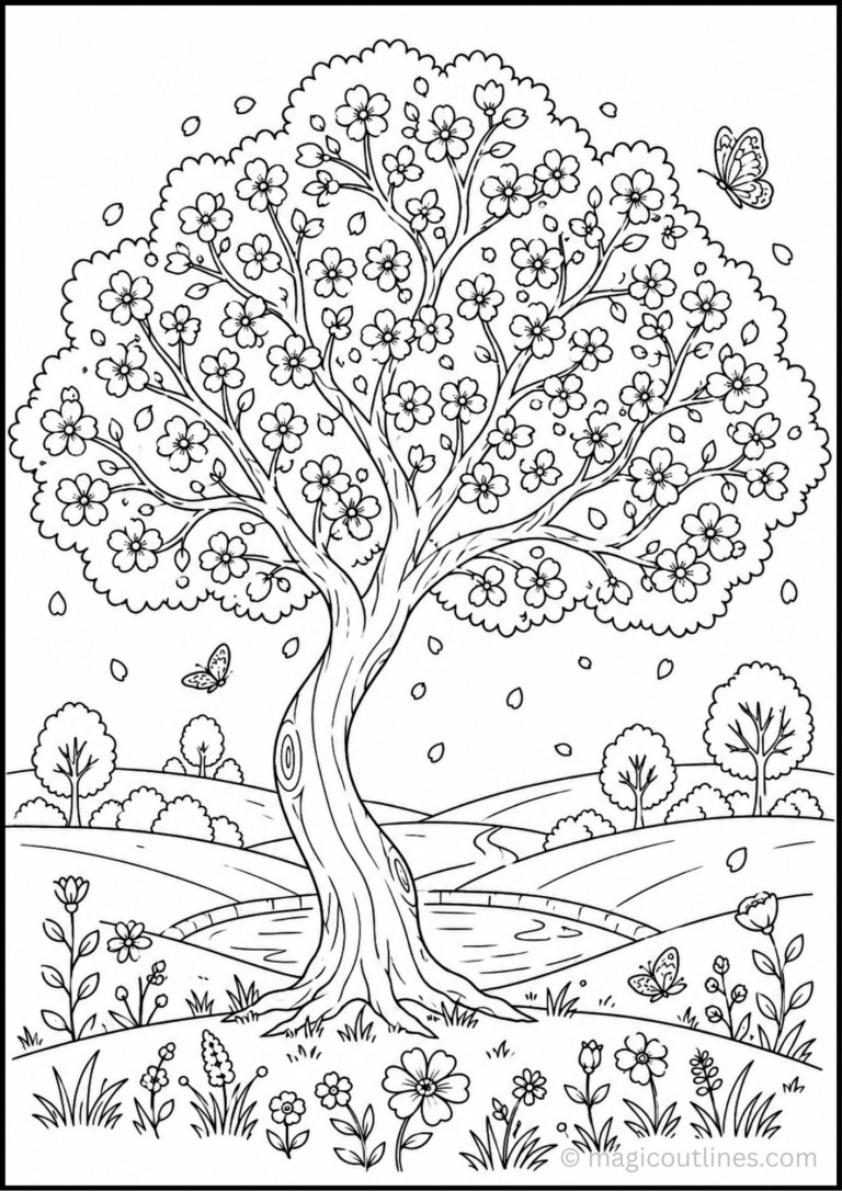 Cherry Blossom Tree Coloring Page (Free Printable PDF) featuring a blooming cherry blossom tree, flowers, butterflies, hills, a bridge, and a peaceful spring landscape.