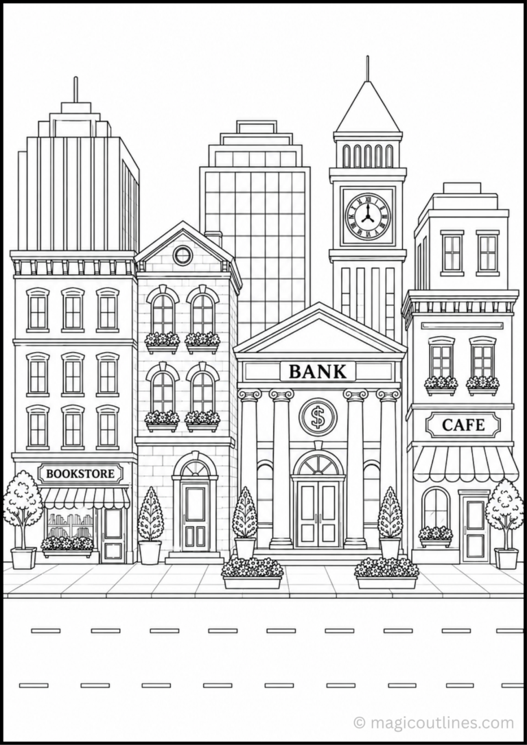 City Buildings Coloring Page (Free Printable PDF) featuring a clock tower, library, shops, modern buildings, sidewalks, trees, and flower planters.