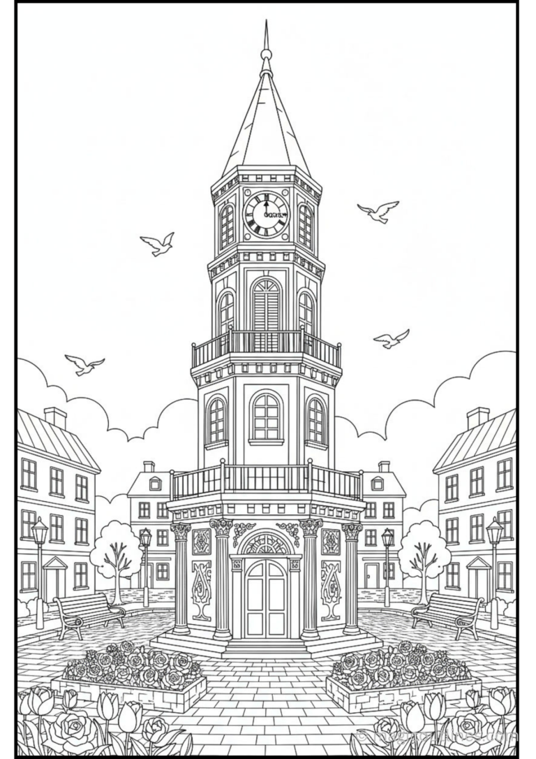 Clock Tower Coloring Page featuring a detailed clock tower with surrounding city buildings and plants