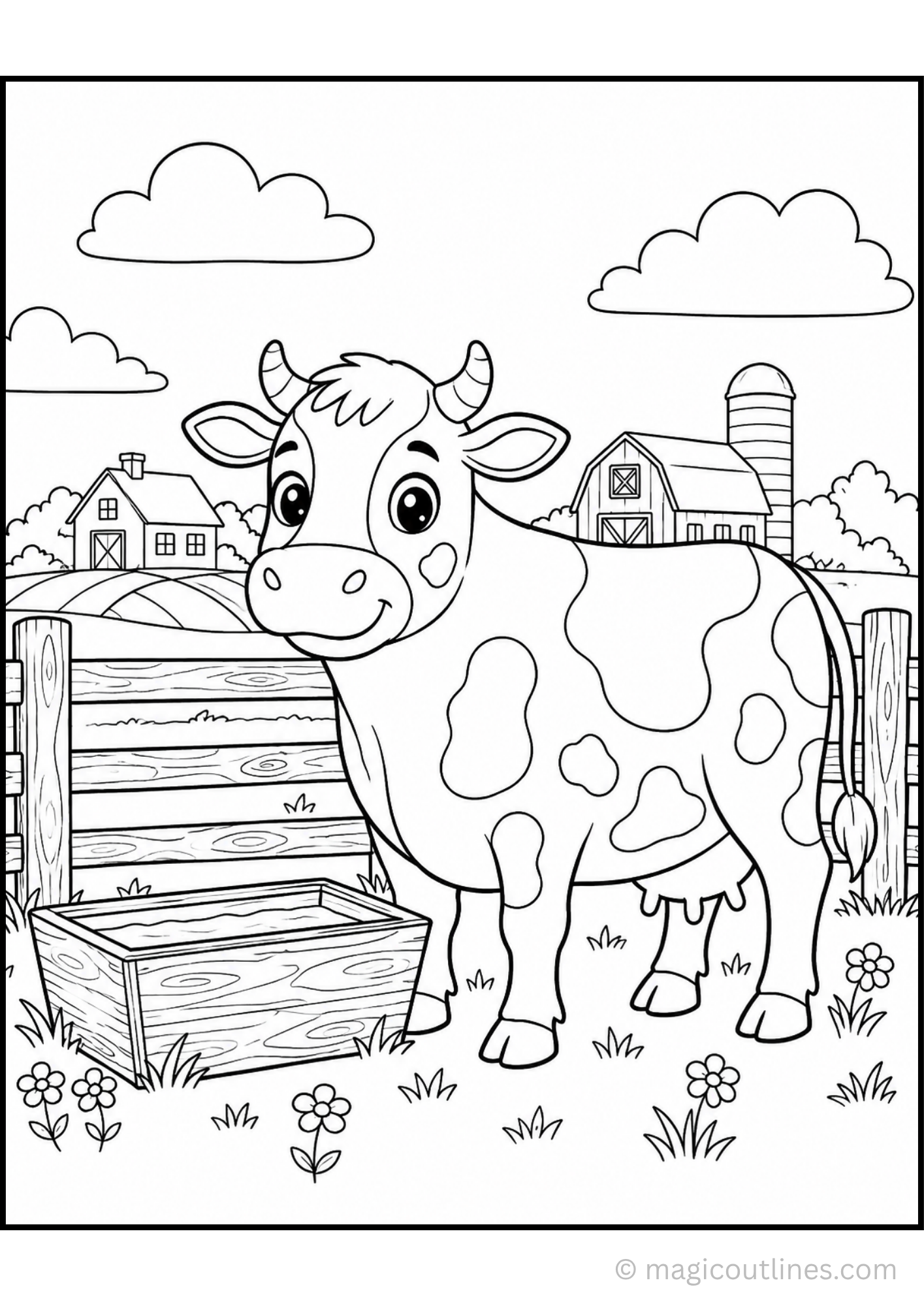 Cute farm cow coloring page featuring a smiling dairy cow standing near a wooden fence, water trough, flowers, barn, and silo on a sunny farm.