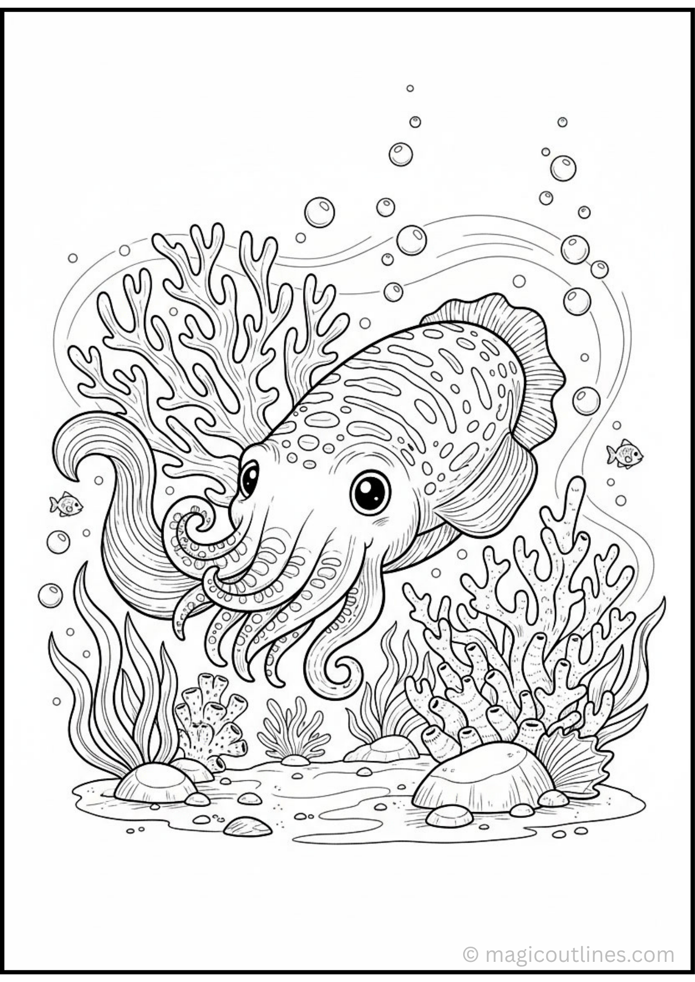 Cute cuttlefish coloring page with underwater coral, sea plants, bubbles, and ocean background free printable PDF.
