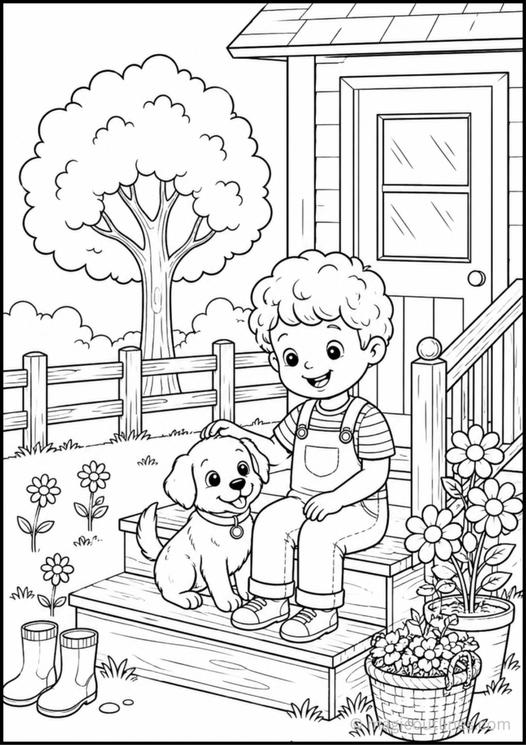 Farm boy sitting with a puppy on the porch coloring page