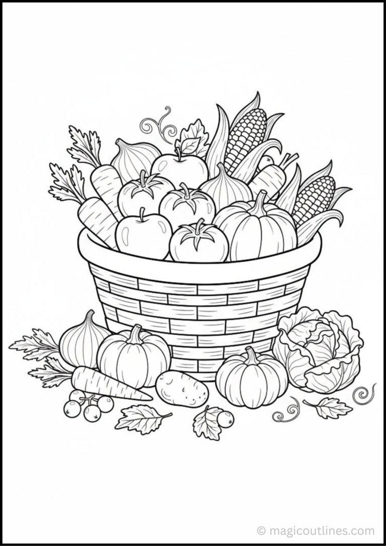 Farm Fresh Vegetables Coloring Page featuring a basket of tomatoes, carrots, corn, pumpkins, onions, cabbage, and other fresh vegetables.