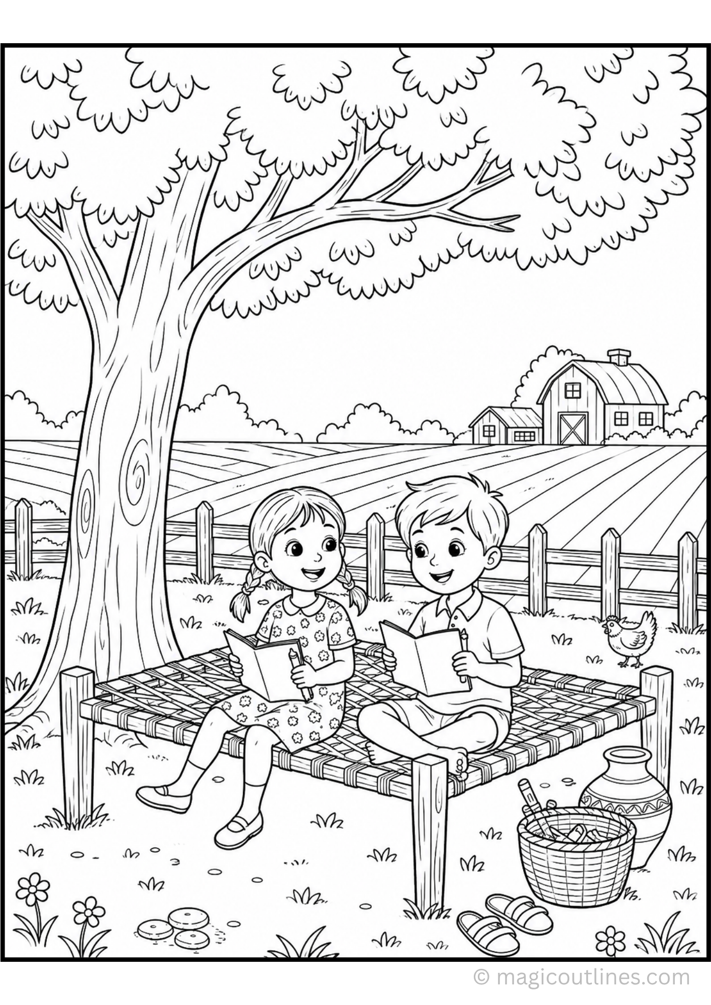 Farm Reading Time Coloring Page featuring two children reading books under a large tree on a woven cot with a farmhouse, barn, fence, and countryside landscape.