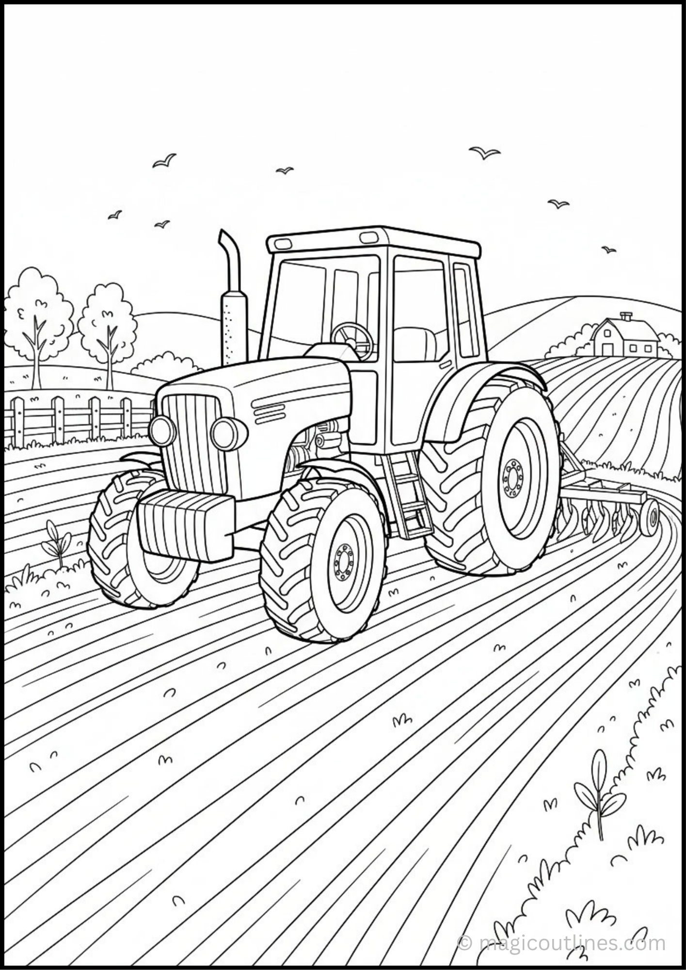 Farm Tractor Coloring Page (Free Printable PDF) featuring a tractor working in a farm field