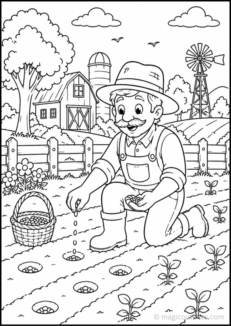 Farmer planting seeds coloring page shows in a farm field with a barn, silo, windmill, trees, fence, and young plants