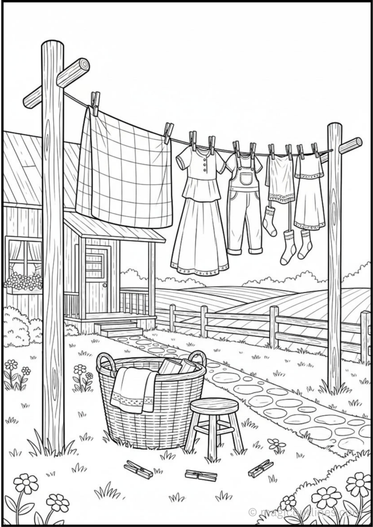 Farmhouse Laundry Day Coloring Page featuring clothes hanging on a rustic clothesline, farmhouse porch, laundry basket, stool, flowers, and countryside scenery in a free printable PDF.