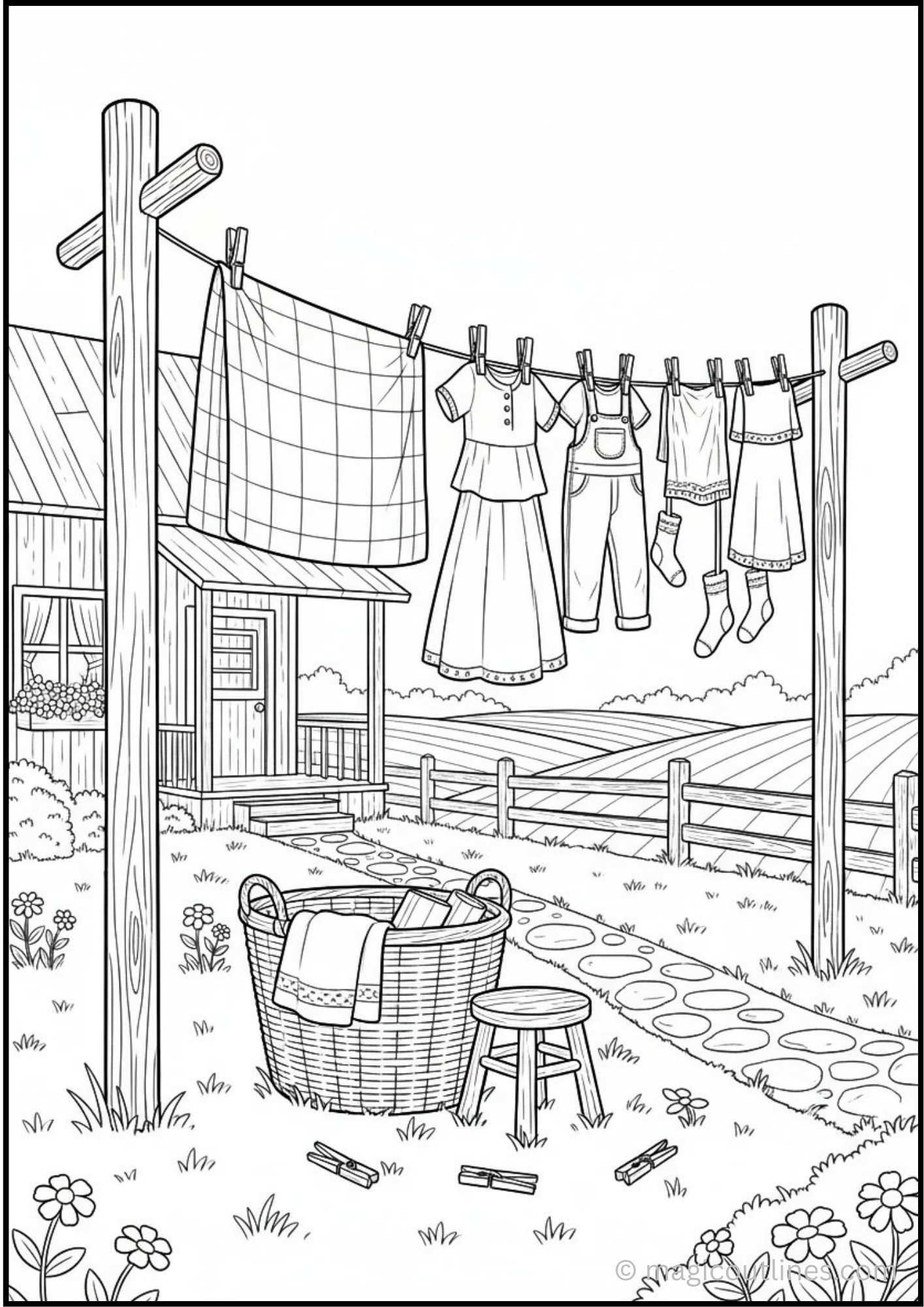 Farmhouse Laundry Day Coloring Page featuring clothes hanging on a rustic clothesline, farmhouse porch, laundry basket, stool, flowers, and countryside scenery in a free printable PDF.