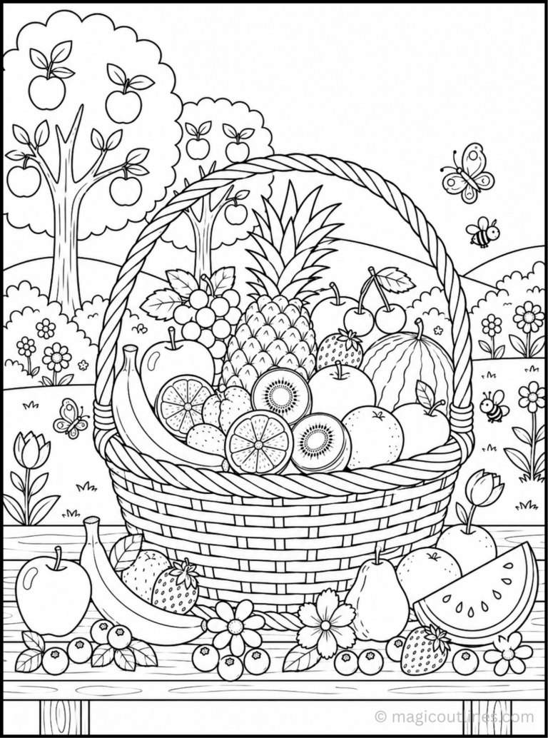 Fruit basket coloring book printable featuring assorted fruits in a woven basket with an orchard background.