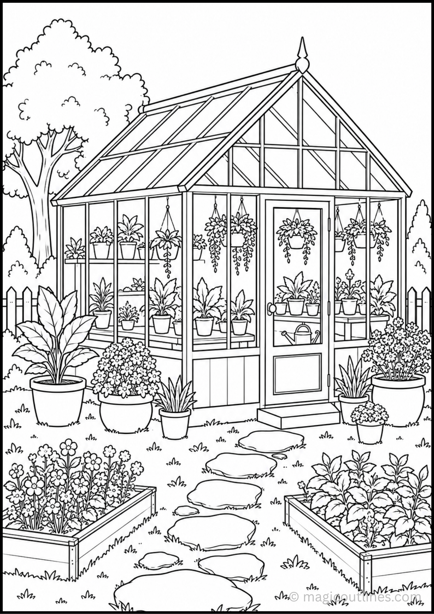Greenhouse coloring page with potted plants, hanging baskets, flowers, garden beds, stepping stones, and a large glass greenhouse.