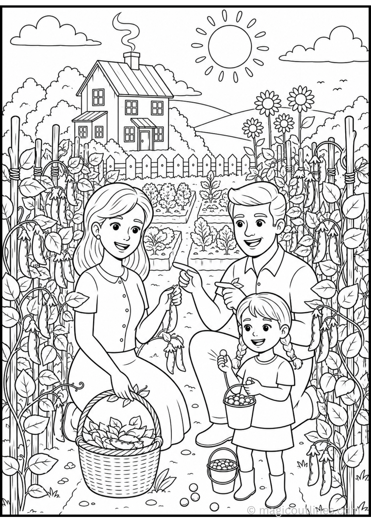 Harvesting peas coloring page showing a family picking fresh peas in a vegetable garden.