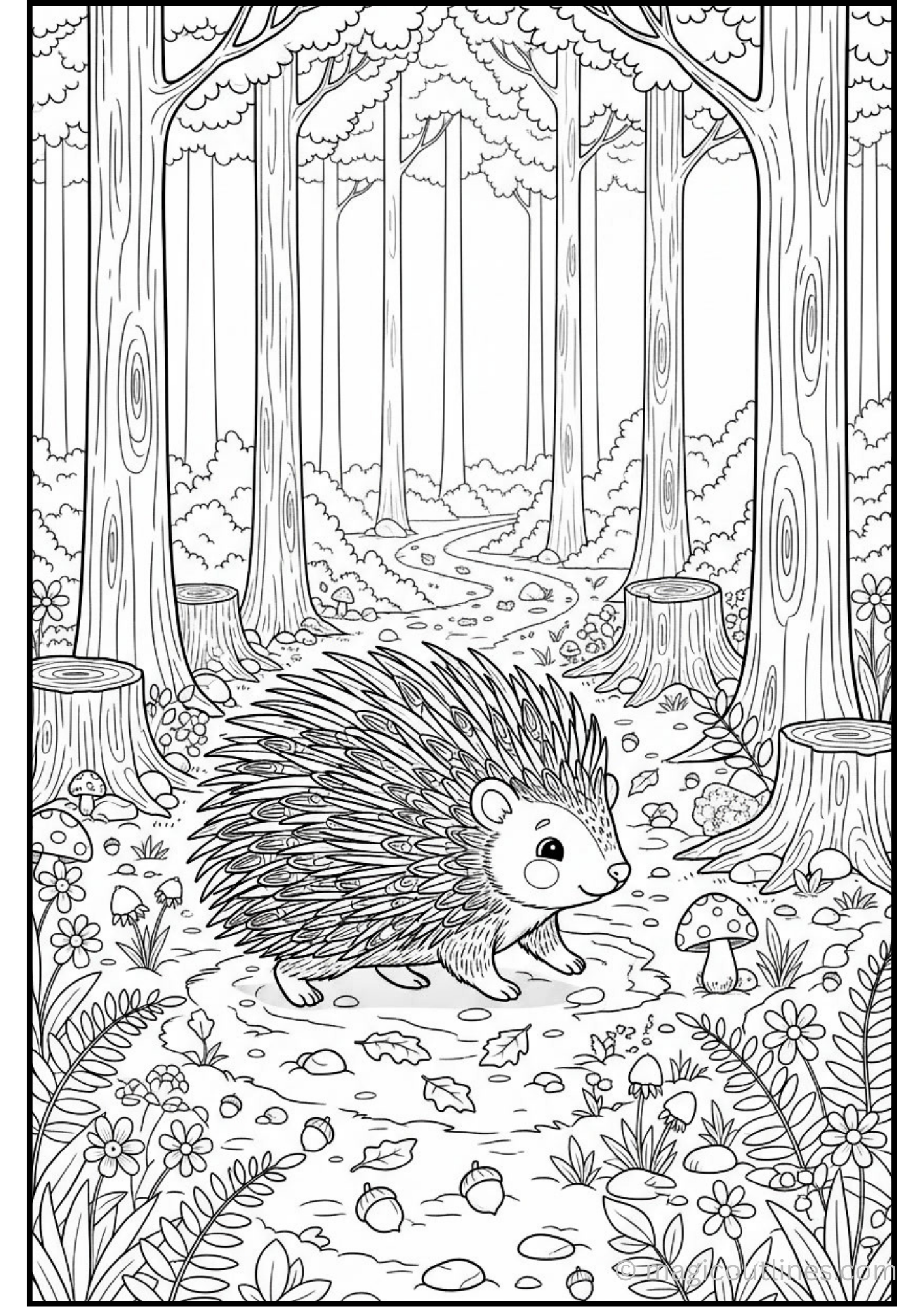 Hedgehog Coloring Page (Free Printable PDF) showing a cute hedgehog walking through a forest with trees, flowers, mushrooms, leaves, and a winding woodland path