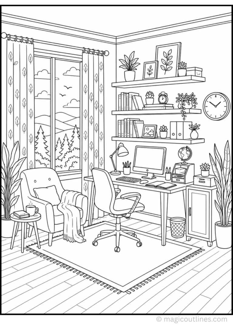 Home Office Coloring Page (Free Printable PDF) showing a cozy desk, computer, office chair, bookshelves, plants, wall art, armchair, rug, and scenic window.