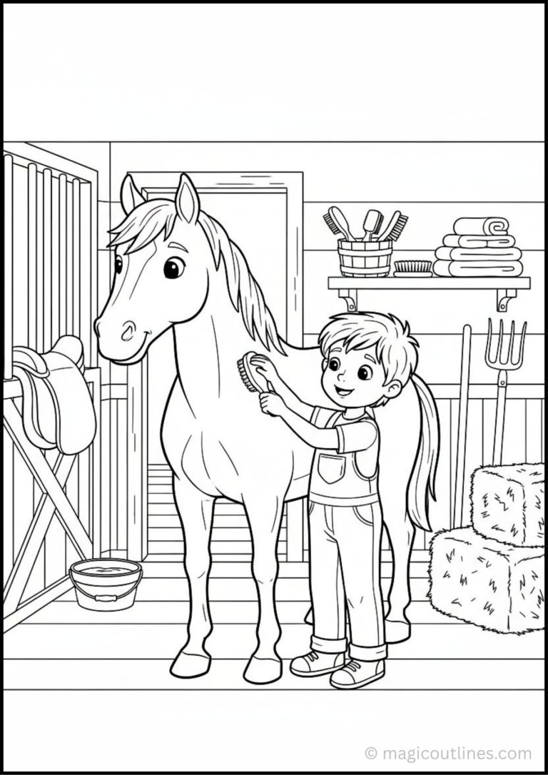 Horse Grooming Coloring Page featuring a child brushing a horse inside a barn with hay bales, grooming tools, saddle, and stable accessories.