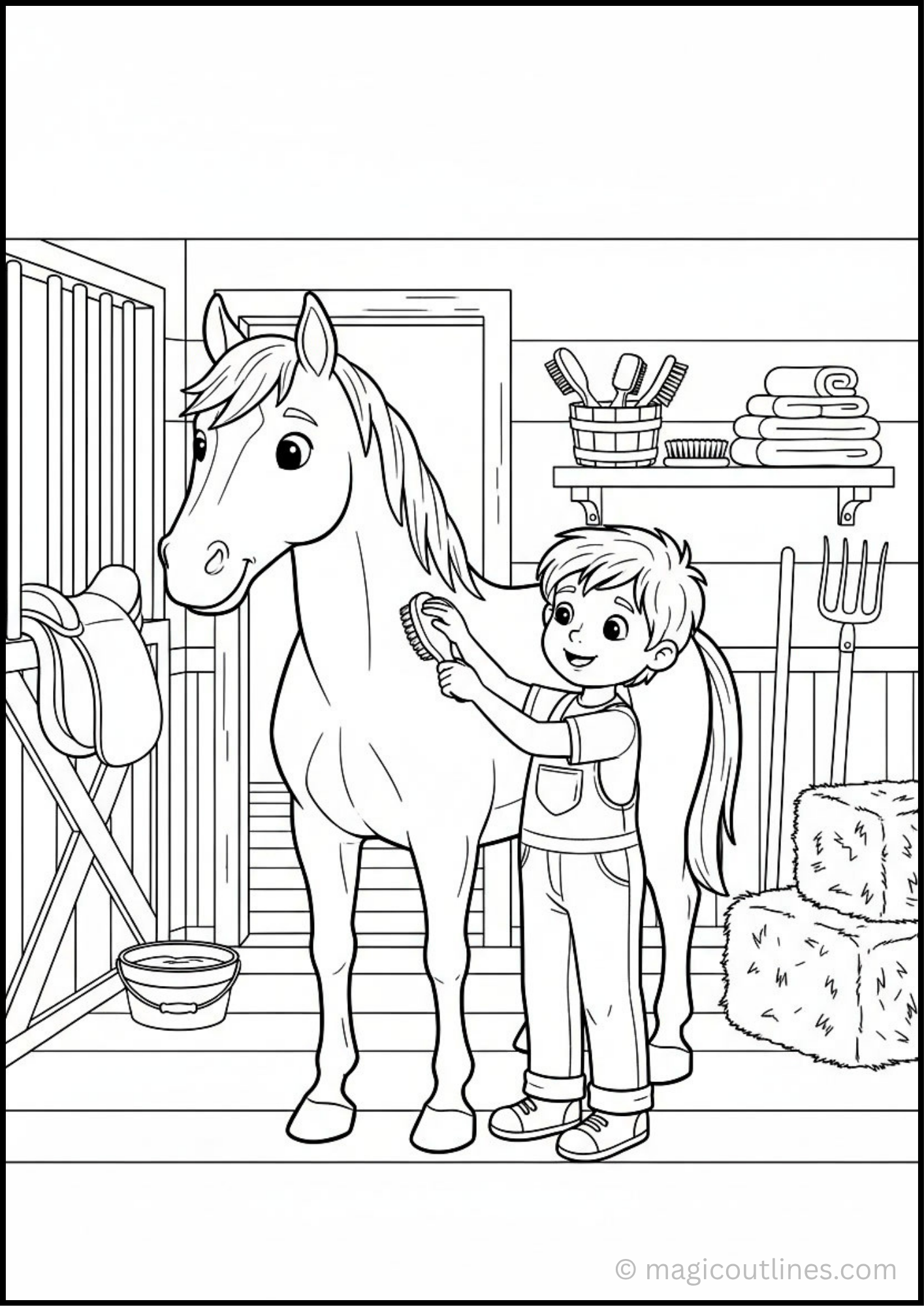 Horse Grooming Coloring Page featuring a child brushing a horse inside a barn with hay bales, grooming tools, saddle, and stable accessories.