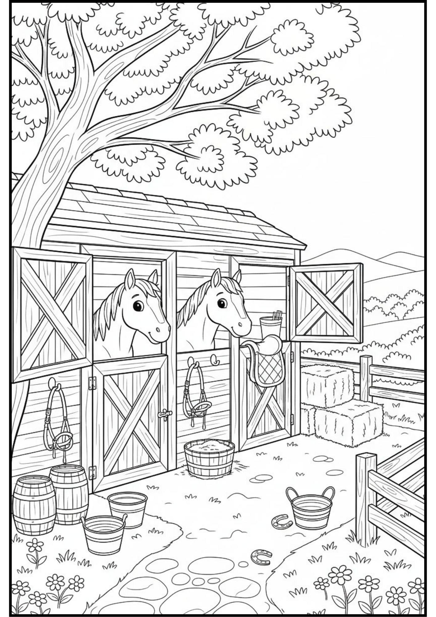 Horse Stable Coloring Page (Free Printable PDF) featuring two horses inside a country barn with hay bales, fences, buckets, barrels, horseshoes, and flowers.