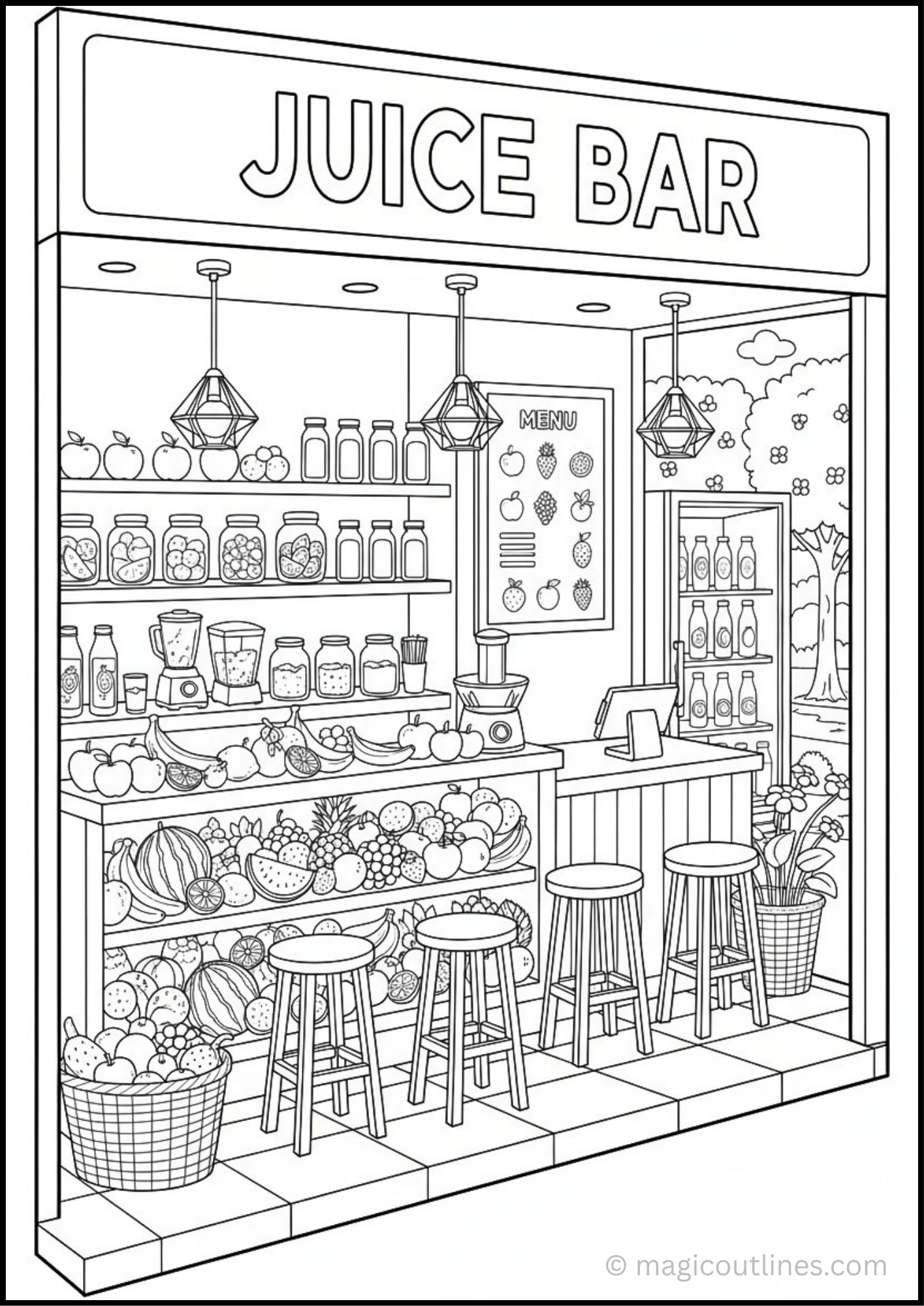 Juice Bar Coloring Page featuring a fresh juice shop with fruit displays, smoothies, and healthy drinks for kids.