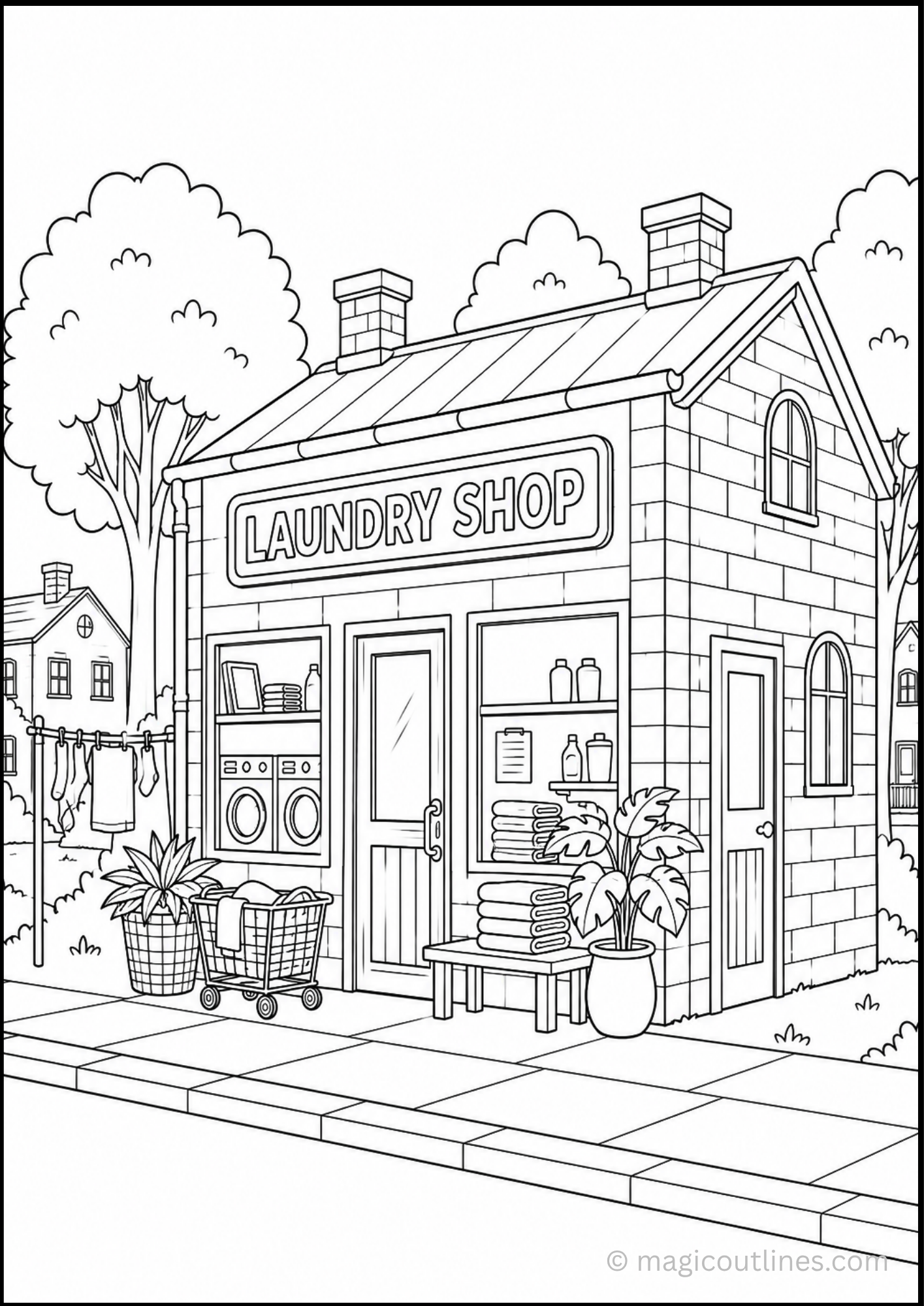 Laundry Shop Coloring Page featuring a neighborhood laundromat with washing machines, laundry basket, folded towels, and potted plants.