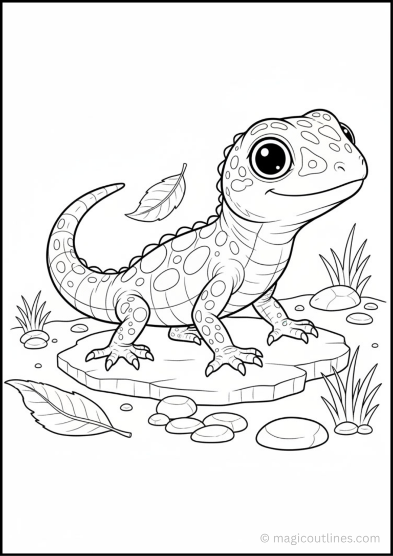 lizard coloring page standing on a rock with leaves, grass, and small stones in a printable coloring page