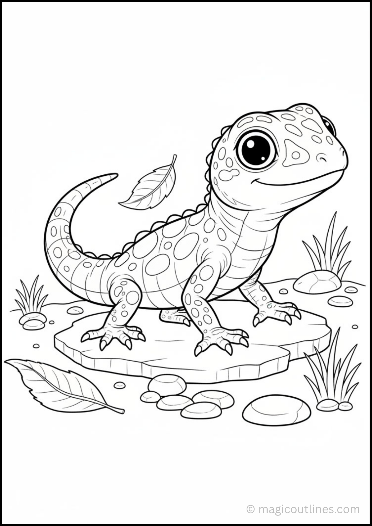 lizard coloring page standing on a rock with leaves, grass, and small stones in a printable coloring page