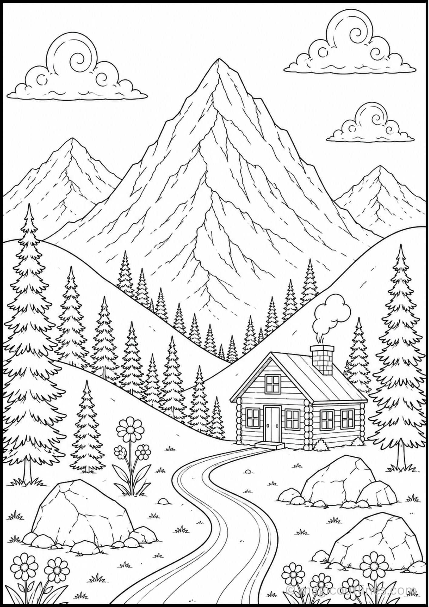 Mountain Coloring Page (Free Printable PDF) featuring beautiful mountain peaks, trees, clouds, rocks, and a peaceful nature landscape.