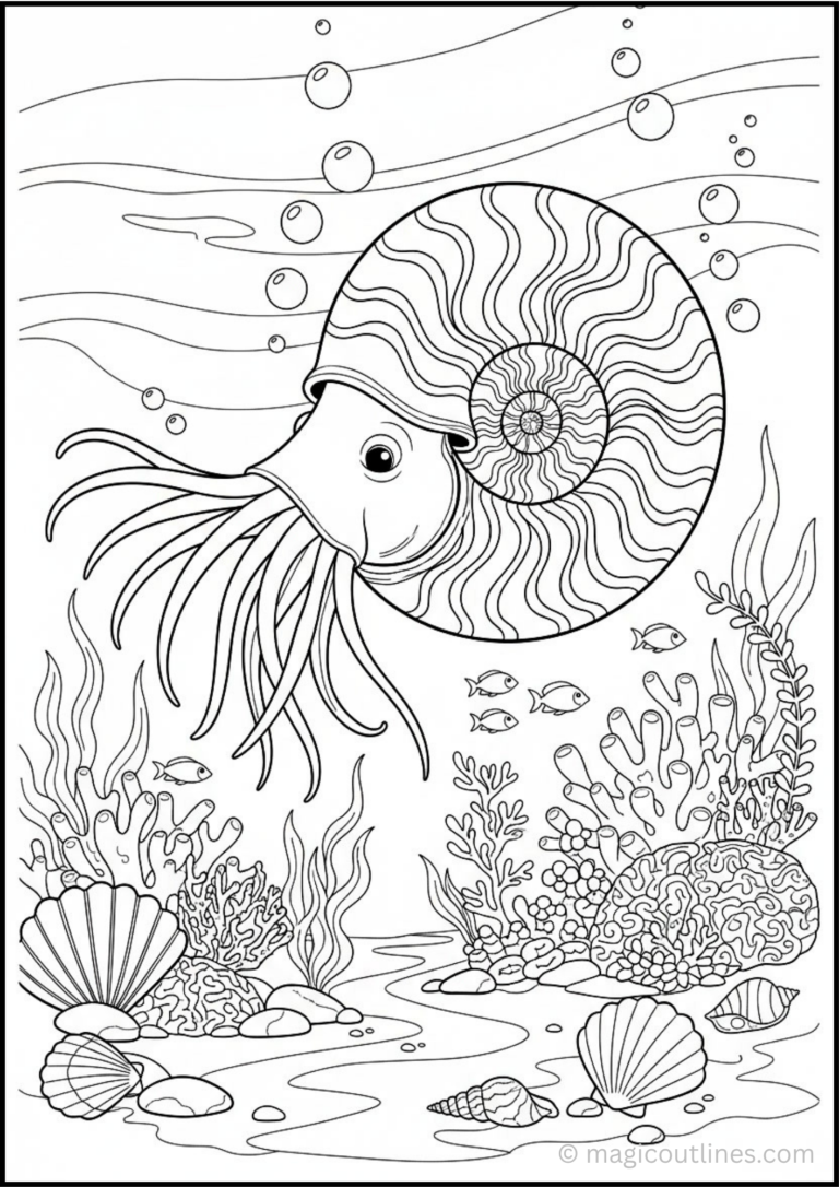 Nautilus coloring page featuring a spiral shell, coral reef, seashells, tropical fish, and underwater ocean plants.