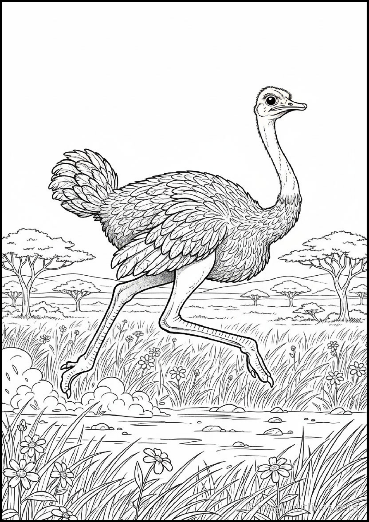 Ostrich Coloring Page (Free Printable PDF) featuring a tall ostrich standing in a natural outdoor landscape.