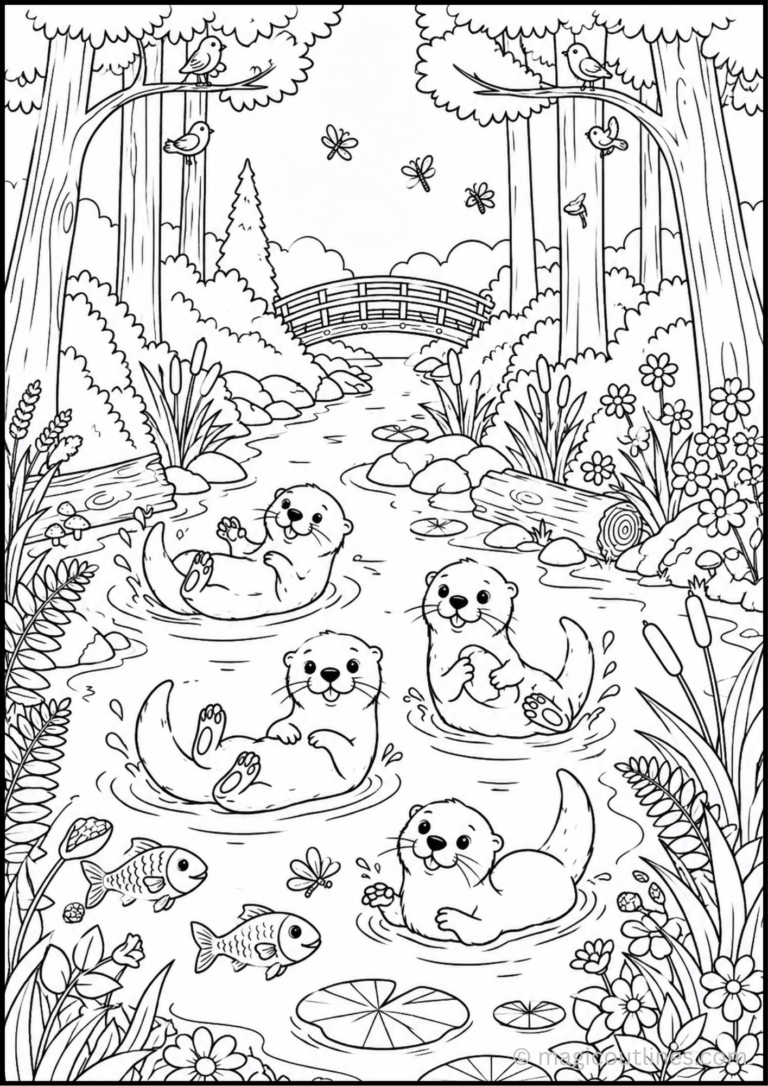 Otter Coloring Page (Free Printable PDF) featuring cute otters swimming in a forest river with fish, flowers, trees, lily pads, and a wooden bridge.