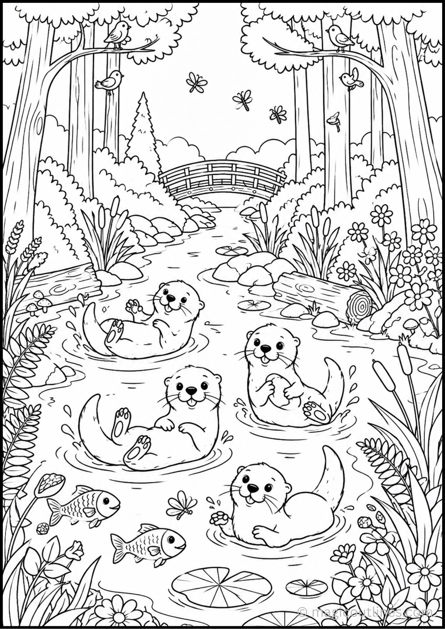 Otter Coloring Page (Free Printable PDF) featuring cute otters swimming in a forest river with fish, flowers, trees, lily pads, and a wooden bridge.