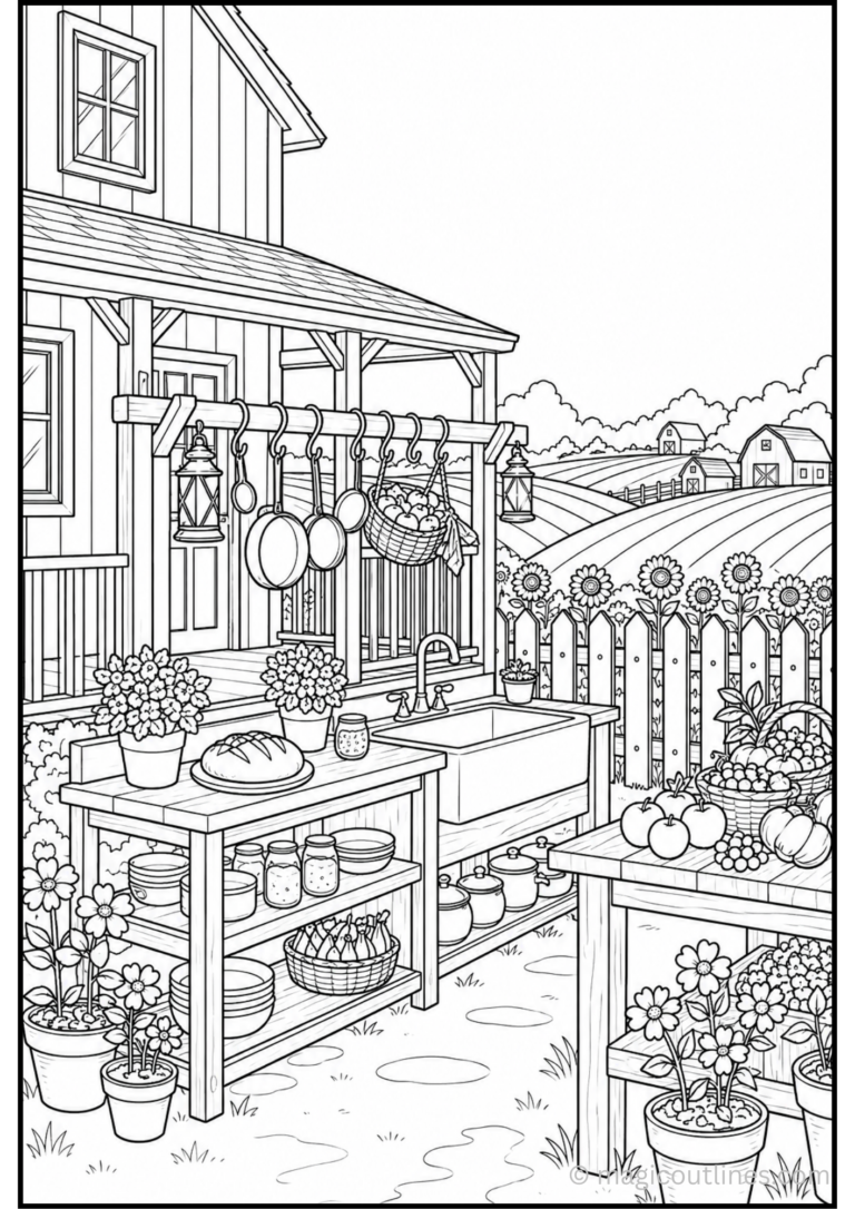 Outdoor farmhouse kitchen coloring page featuring a rustic country kitchen with farmhouse sink, hanging pots, fresh vegetables, flowers, and farm fields in the background.