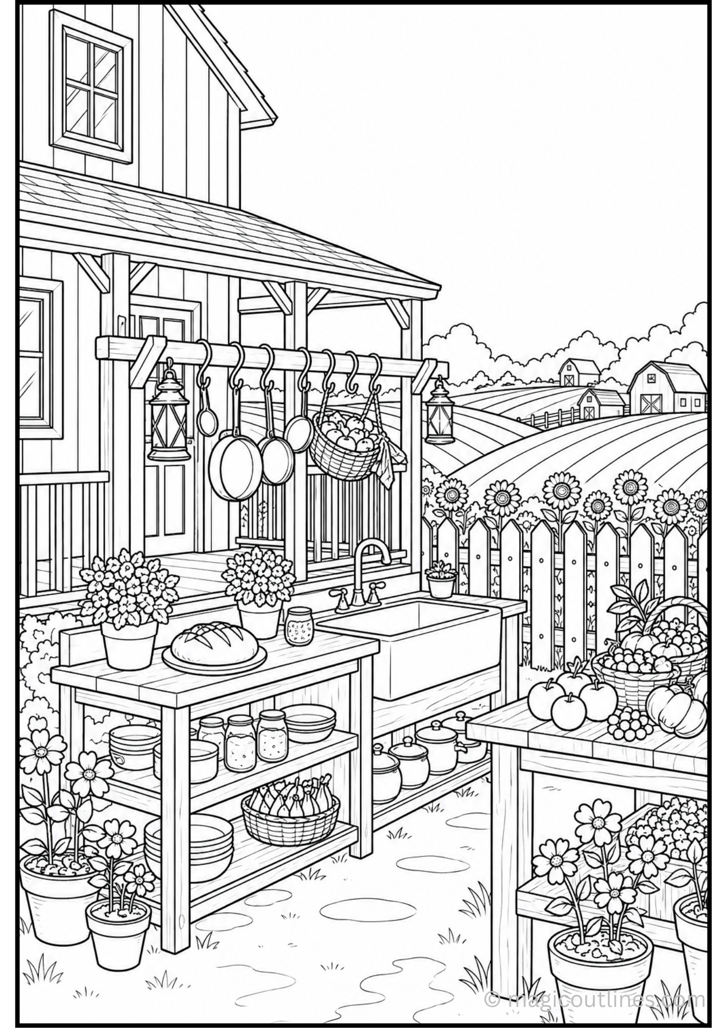 Outdoor farmhouse kitchen coloring page featuring a rustic country kitchen with farmhouse sink, hanging pots, fresh vegetables, flowers, and farm fields in the background.