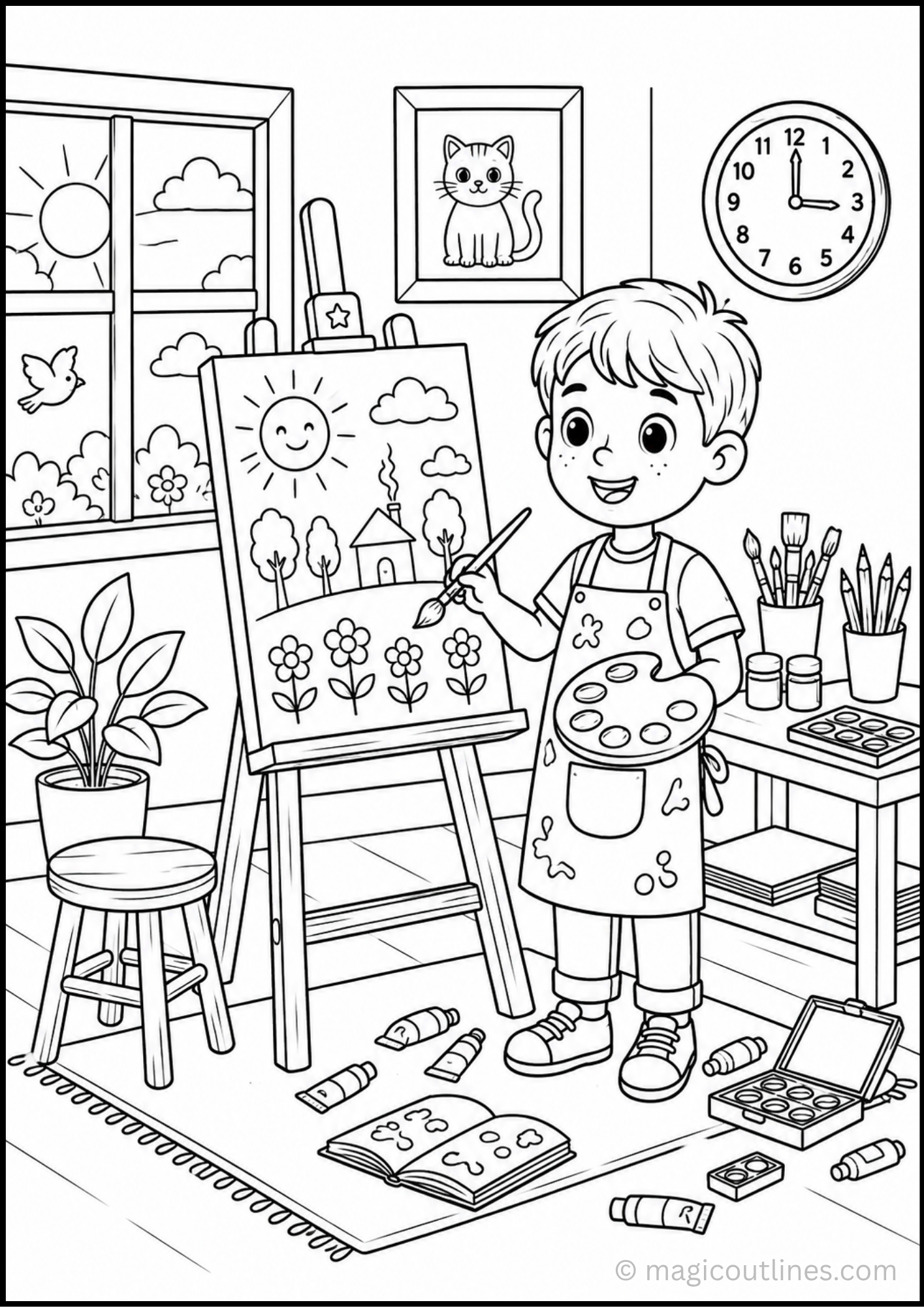 Painting Artist Coloring Page featuring a smiling child painting on an easel with art supplies in a creative studio.