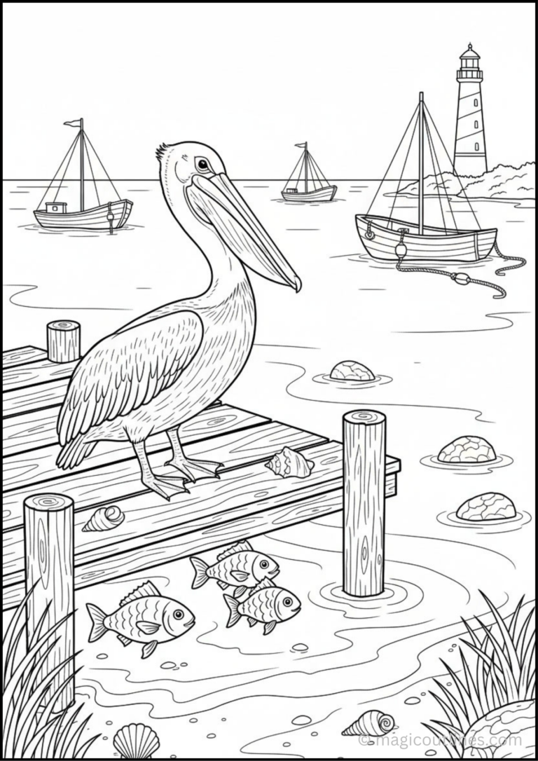 Pelican Beach Coloring Page (Free Printable PDF) featuring a pelican standing on a wooden pier with boats, fish, seashells, rocks, and a lighthouse by the sea.