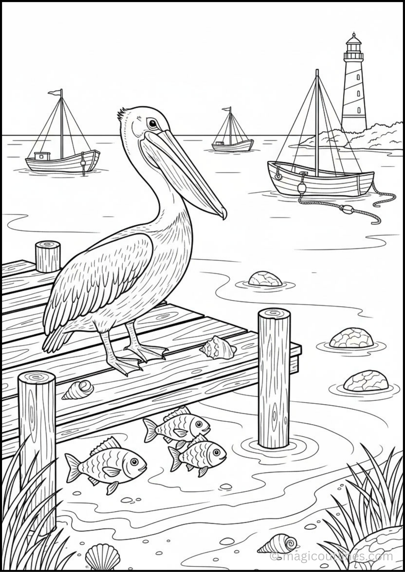 Pelican Beach Coloring Page (Free Printable PDF) featuring a pelican standing on a wooden pier with boats, fish, seashells, rocks, and a lighthouse by the sea.