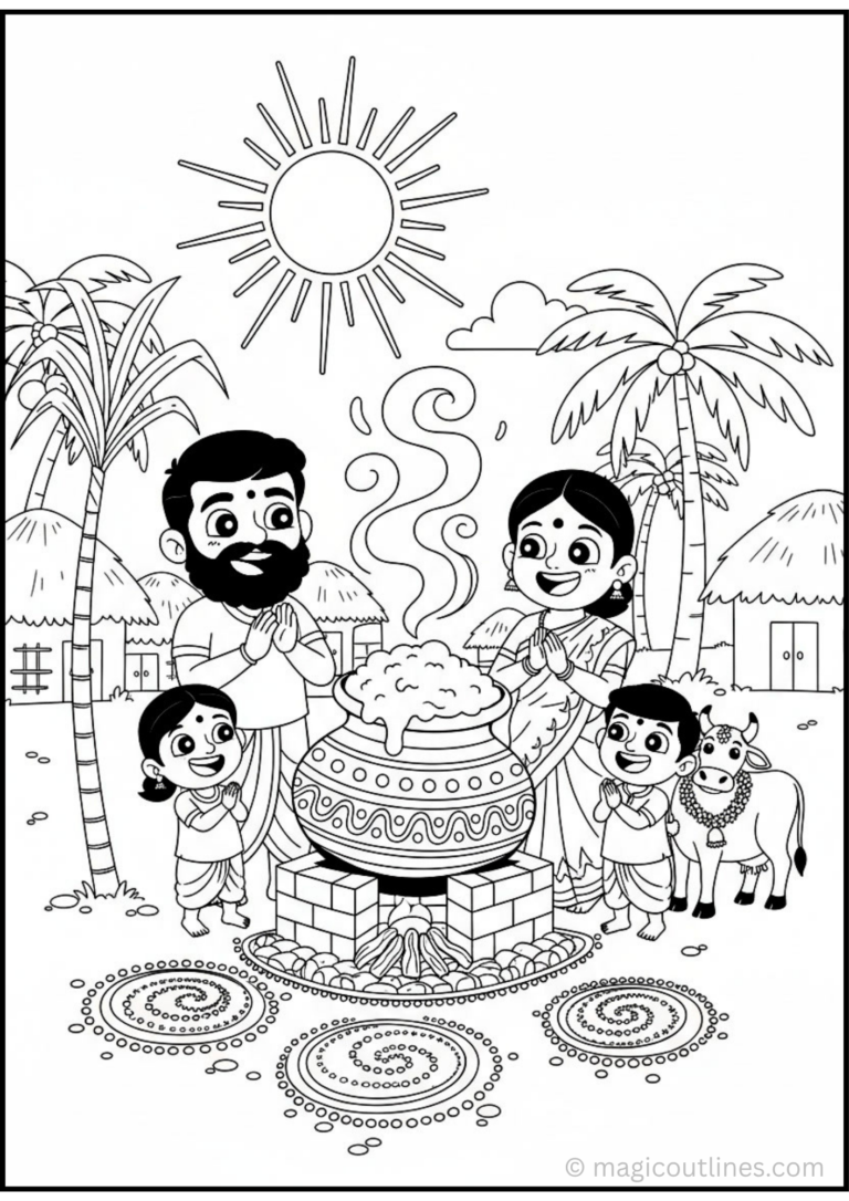 Pongal Festival Coloring Page with family, traditional Pongal pot, decorated cow, kolam designs, palm trees, and village houses