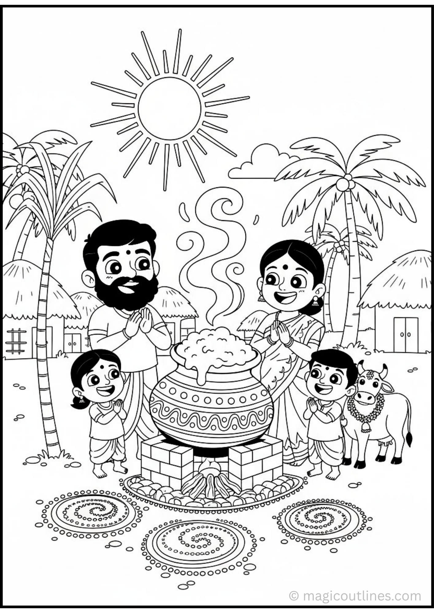 Pongal Festival Coloring Page with family, traditional Pongal pot, decorated cow, kolam designs, palm trees, and village houses