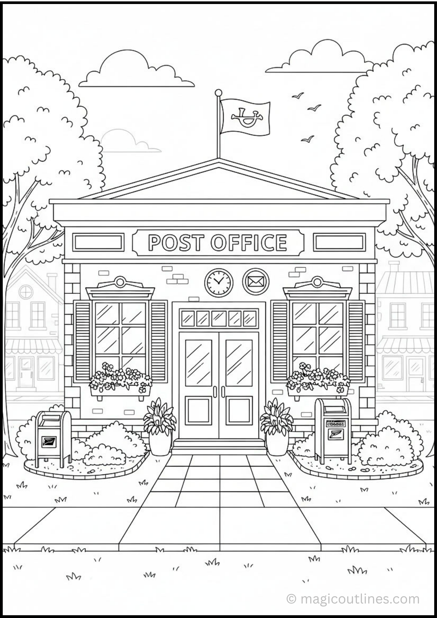 Post Office Coloring Page featuring a community post office building with mailboxes, flowers, trees, windows, and a front walkway