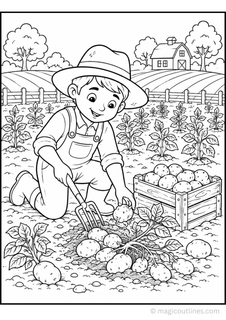 Potato Harvest Coloring Page showing a child harvesting potatoes on a farm