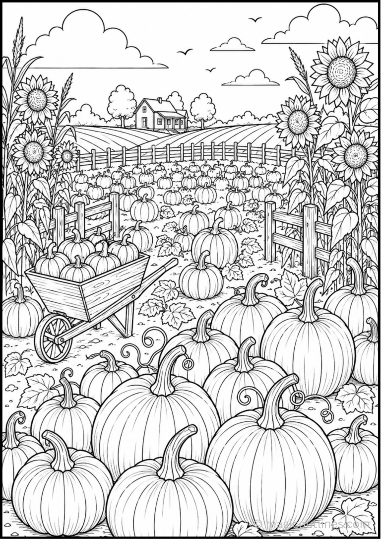 Pumpkin farm coloring page showing a large pumpkin field, sunflowers, wheelbarrow, farmhouse, fence, and autumn scenery