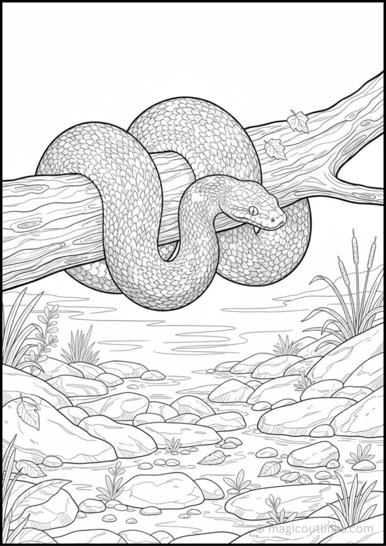 Python snake coloring page coiled around a tree branch beside a rocky stream with plants and reeds