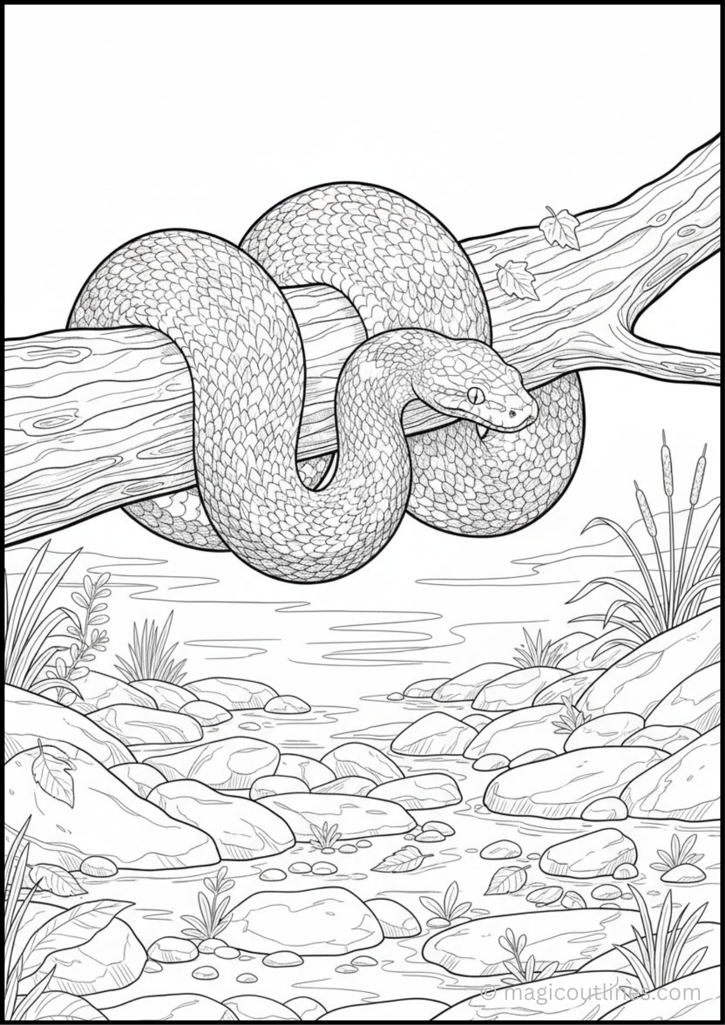 Python snake coloring page coiled around a tree branch beside a rocky stream with plants and reeds
