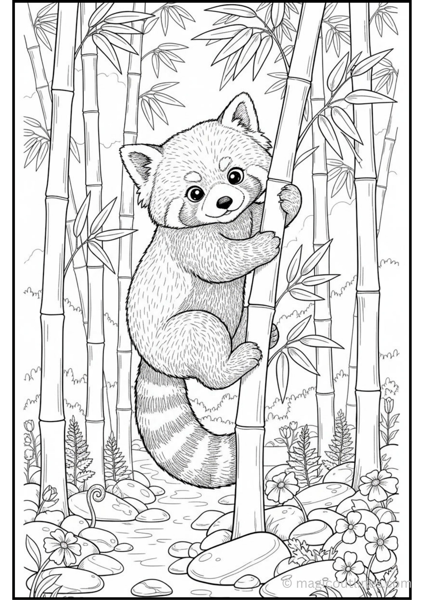 Red Panda Coloring Page (Free Printable PDF) featuring a cute red panda sitting among bamboo and natural forest plants.