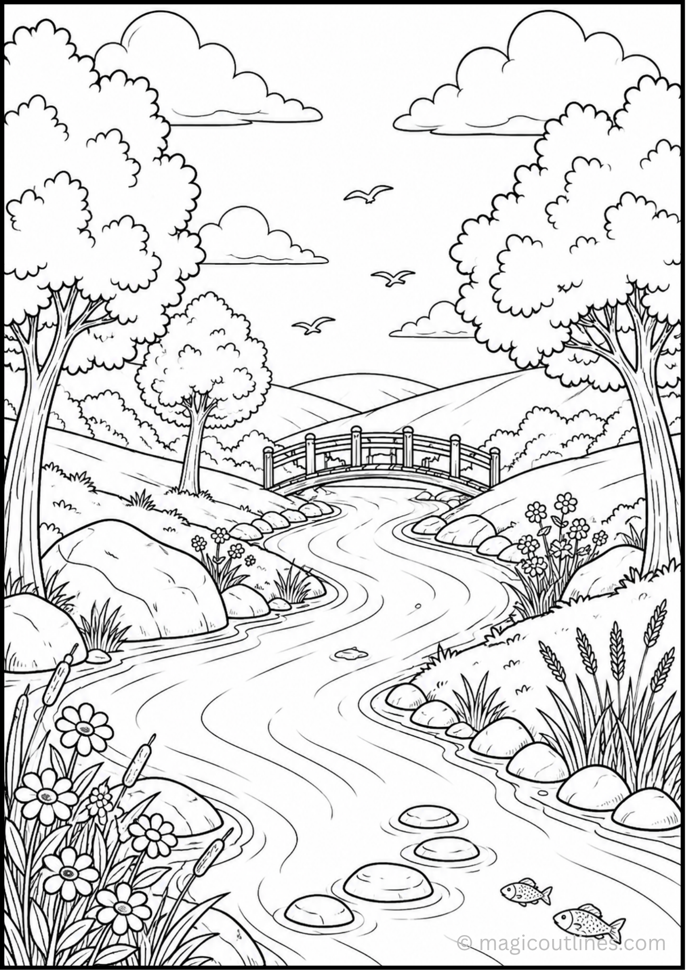 River Coloring Page (Free Printable PDF) featuring a winding river, small bridge, trees, hills, flowers, rocks, birds, and fish.