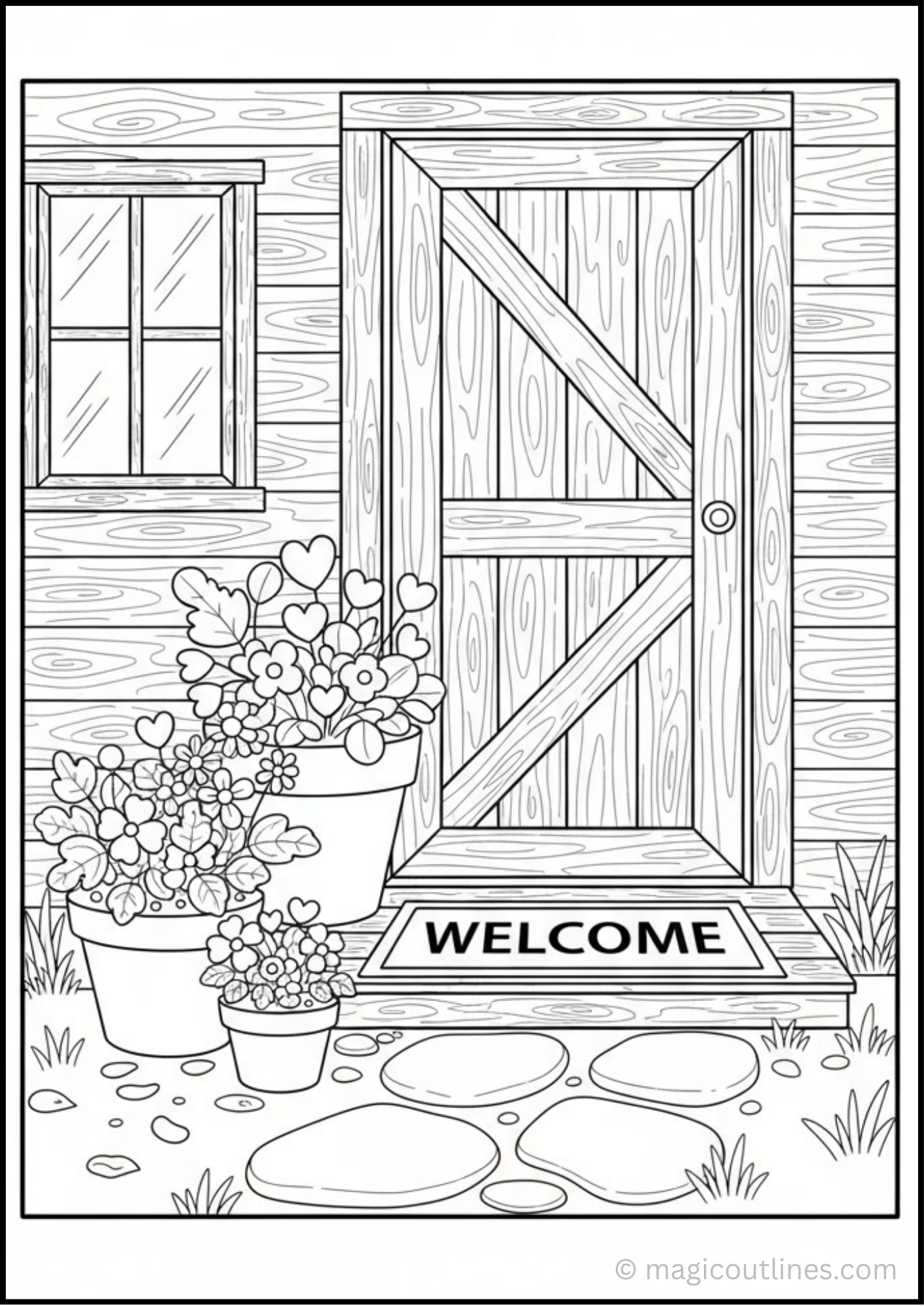 Rustic Farmhouse Welcome Coloring Page featuring a wooden farmhouse door, flower pots, welcome mat, stepping stone pathway, and rustic country home details in a free printable PDF.