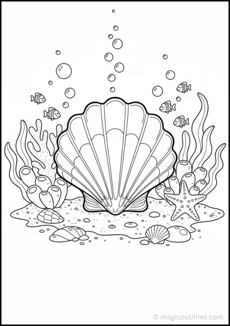 Enjoy a relaxing underwater adventure with this free printable Scallop Coloring Page. Featuring a large scallop shell surrounded by coral, fish, bubbles, and sea plants, this printable is perfect for kids, classrooms, homeschool activities, and anyone who loves ocean animals.